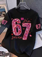 T-shirt pour filles, exclusif Saint-Valentin, avec paillettes, numéro 67, imprimé 3D créatif, t-shirt d'été à col rond pour enfants, vêtements d'extérieur 5