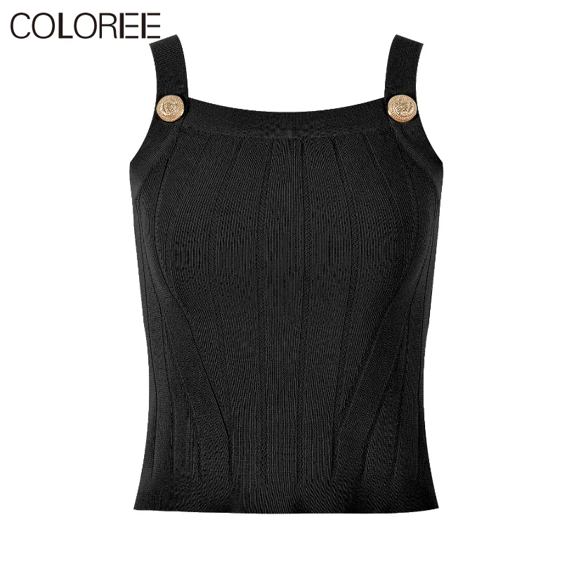 

Luxury Gold Buttons Crop Top Women 2023 Casual Spaghetti Strap Slim Ropa Mujer Korean Fashion Clothing Knitwears