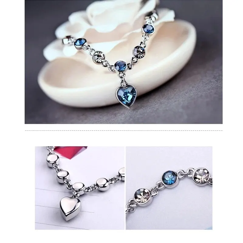 Women Lucky Bracelet Blue Crystal Heart Charm Bridal Wedding Engagement Fine Jewelry Gift