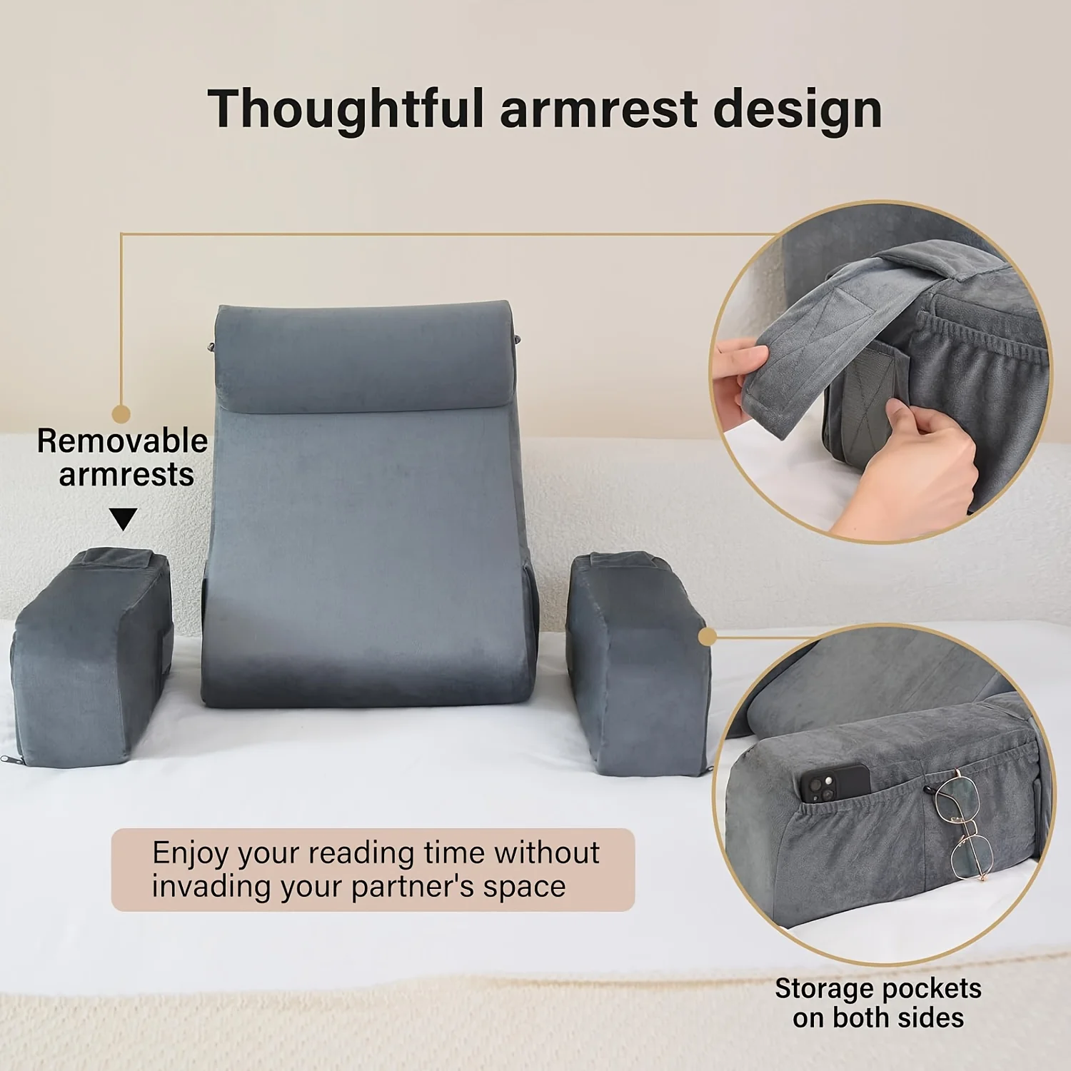 YUURO Sherpa Fleece Reading Pillow With Neck & Arm Support - Wedge Backrest Cushion For Bed, Sofa, Or Chair, Removable Cover - View #8