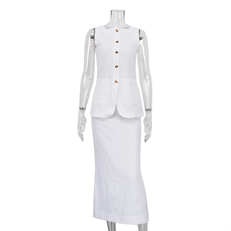 Conjunto de 2 piezas de falda larga blanca de cintura alta para mujer: top ajustado sin mangas y falda larga informal, conjuntos de patchwork para mujer