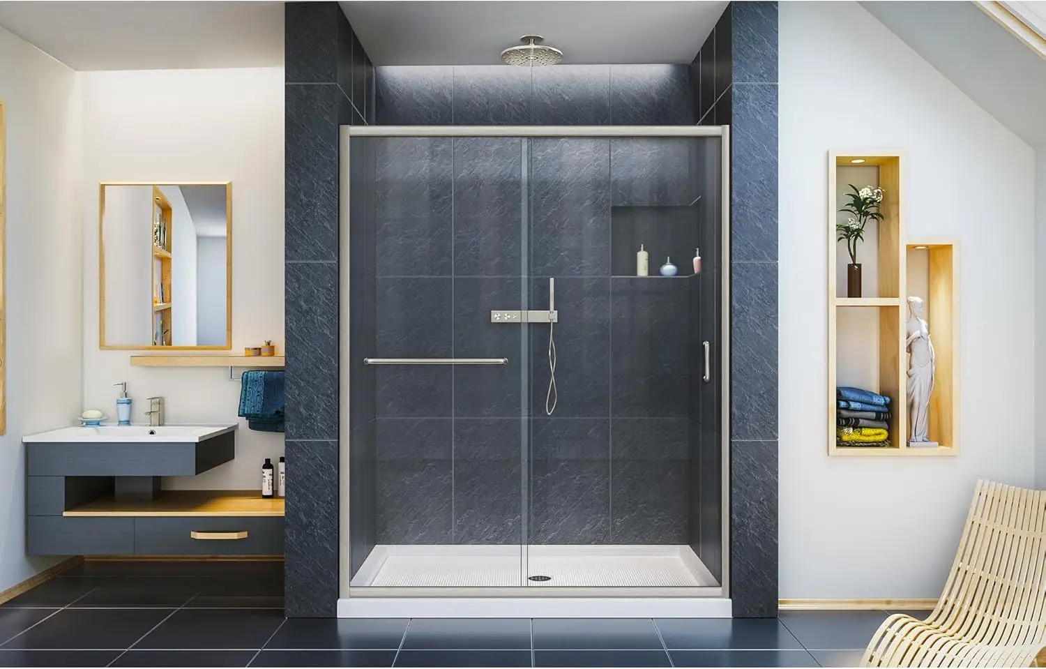 Semi Frameless Sliding Shower Door Clear Glass in Brushed Nickel with a matching handle on the Sliding Shower Door panel 3