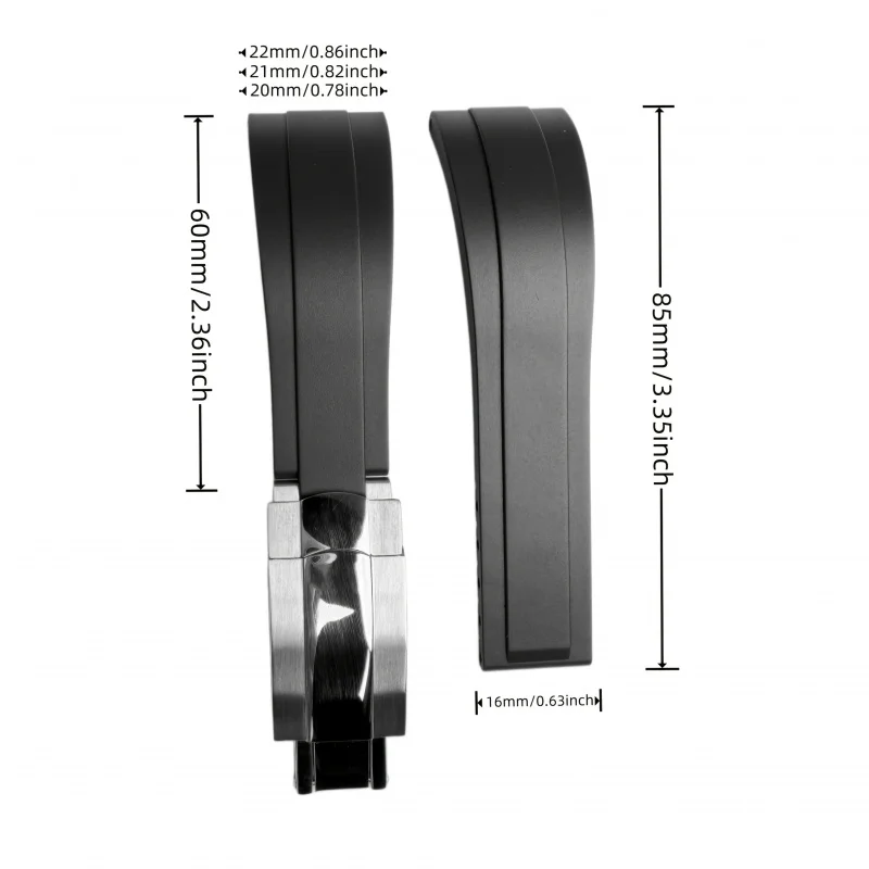 Premium 20mm Rubber Watch Band with Stainless Steel Clasp - Adjustable Strap for Casual & Business Wear