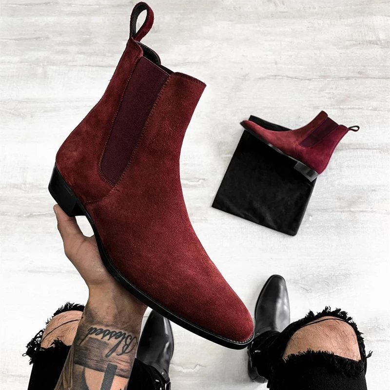 

New In Wine Red Men Chelsea Boots Flock Round Toe Business Boots for Men with Low Heels Men Boots Bottes Pour Hommes Slip on