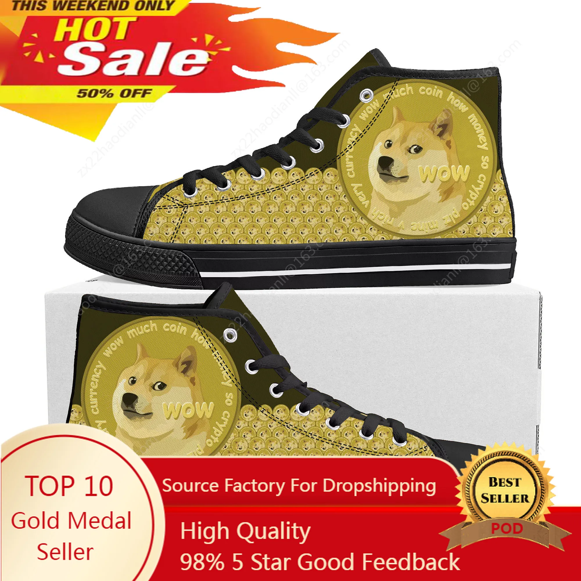 Hot Dogecoin Crypto Currency Dog Coin Miner High Top Sneakers Men Women Teenager Canvas Sneaker Casual Couple Shoes Custom Shoe