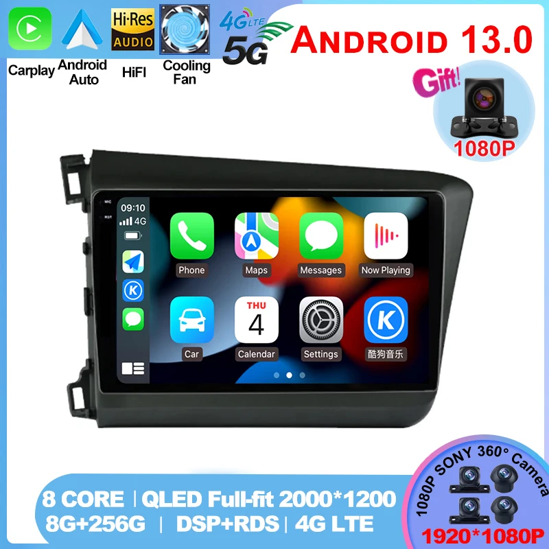 

For Honda Civic 2012 2013 2014 2015 Android 13 CarPlay Car Radio Multimedia Video Player DSP QLED GPS Navigation 2 din autoradio