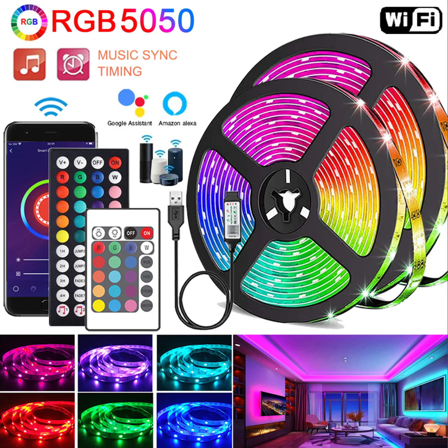 원격 앱 제어 RGB LED 스트립 조명, 음악 동기화 색상 변경, 방 홈 주방 장식 파티, 30m, 20m 