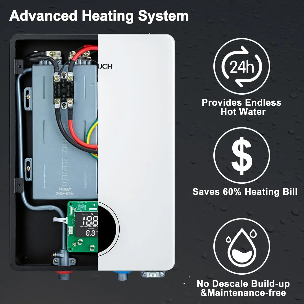 Water Heater Electric, ECOTOUCH 14kW 240V on Demand Electric Water Heater Instant Hot Under Sink Point of