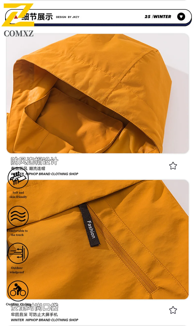 EiAO Jacket Men's Multi-Pocket Work Windproof Waterproof Hooded Outdoor Hiking Coat for Camping Fishing High Quality Casual Wear