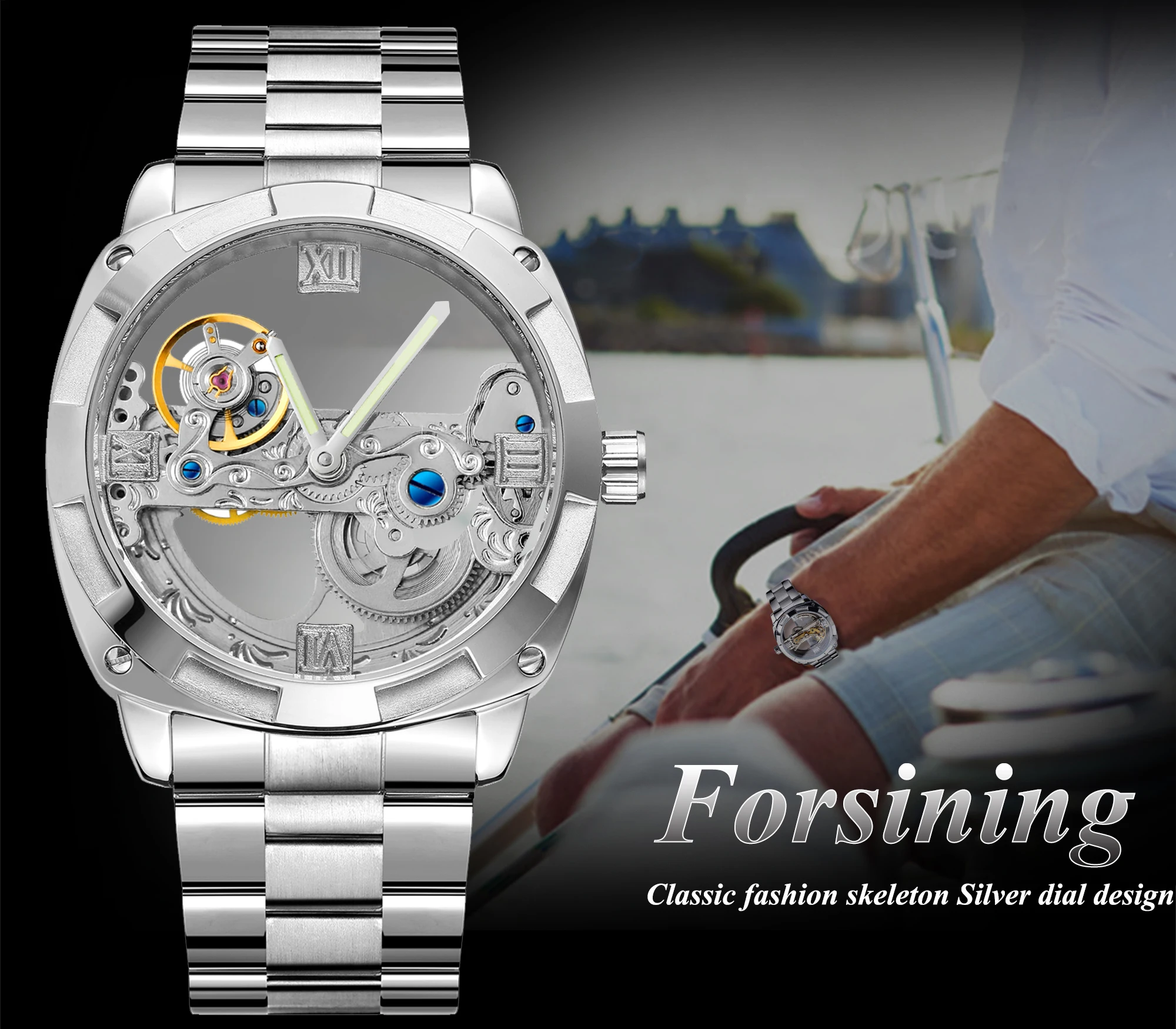 Mechanical Watch Forsining Men Transparent Design Mechanical Watch Automatic Silver Square Golden Gear Skeleton Stainless Steel Belts Clock Saati Mechanical Watch