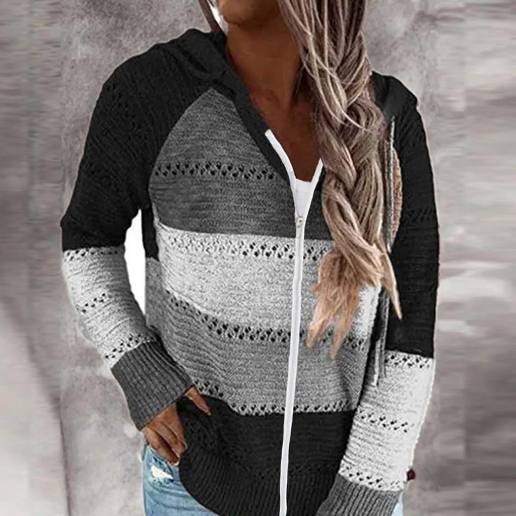 

Women Color Block Sweater Knitted Hollow Hooded Long Sleeve Zipper Loose Elegant Cardigan Woolly Summer Vacation Overall Clothes