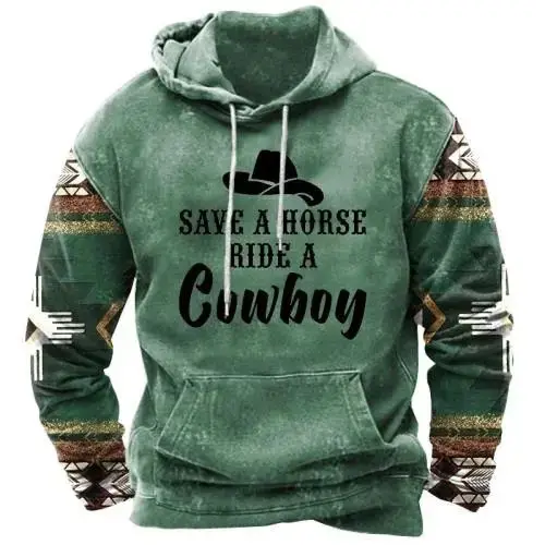 Spring Autumn Men Cowboy Hoodie Vintage Print Casual Stylish Pullover Fashion Long Sleeve Hooded Clothing Male Retro Streetwear