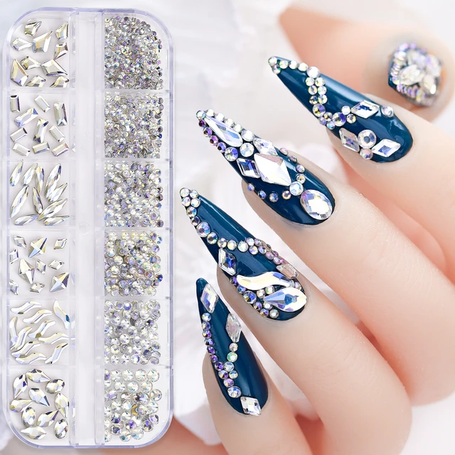 24pcs Aurora Nail Gems Nail Rhinestones, 3D Shiny Rhinestones for Nails  Multi-Shaped Clear Crystal Nail Diamonds Rectangular Rhinestone Flower Star