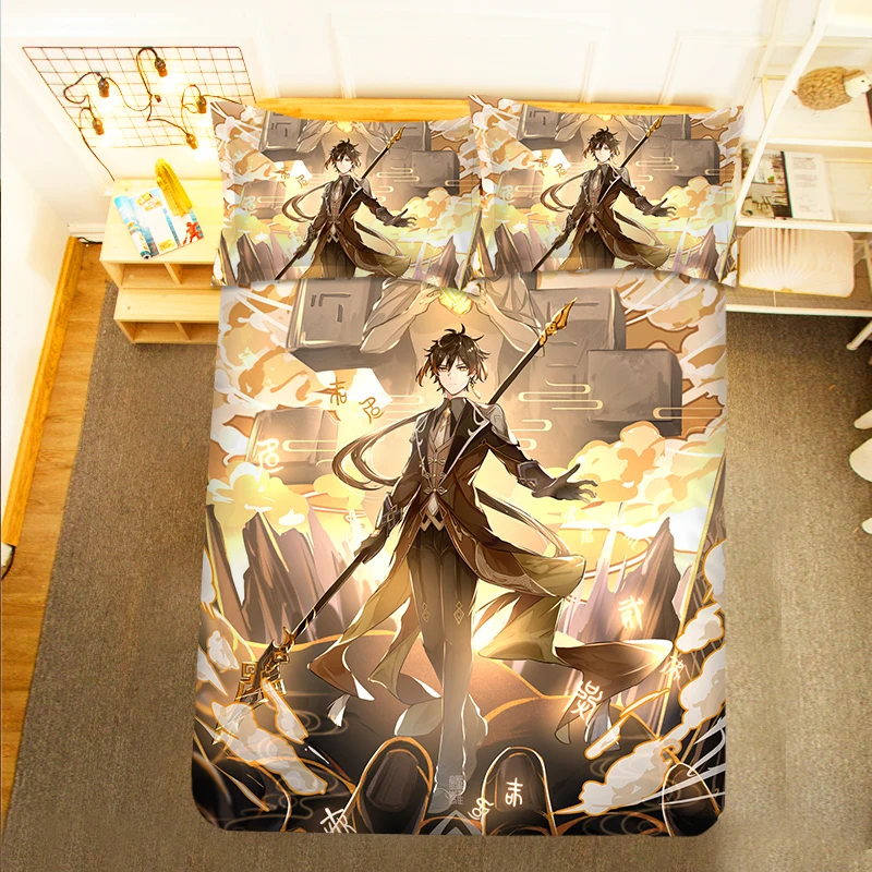 Beelzebul Genshin Impact Keqing 3PCS Duvet Cover Sets Cartoon Bedding Children Room Pillow Case 