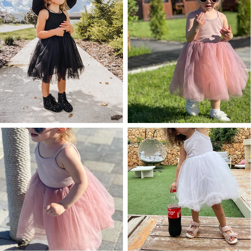 Dresses discount Baby Girls Sling Black Tulle Tutu Dress Girl Summer Casual Wear Children Ballet Dance Dress Events Elegant Vestidos Infantil 3-8 satin dress