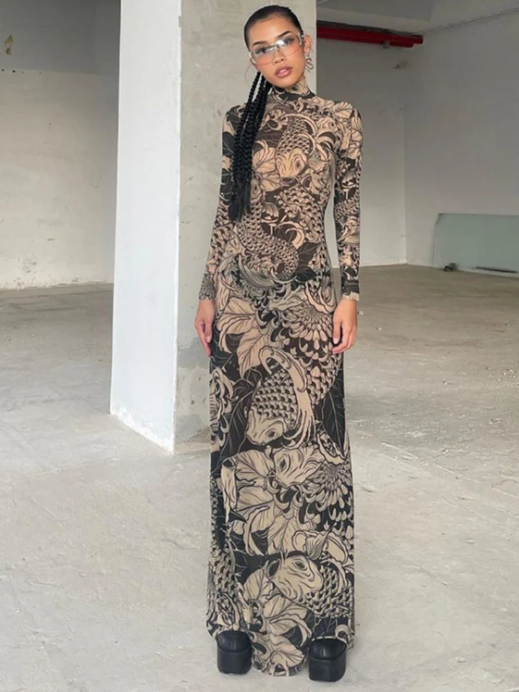 

HOUZHOU Vintage Print Long Dress Women Sexy Slim See Through Elegant Mesh Dress Chinese Style Bodycon Fashion Robe
