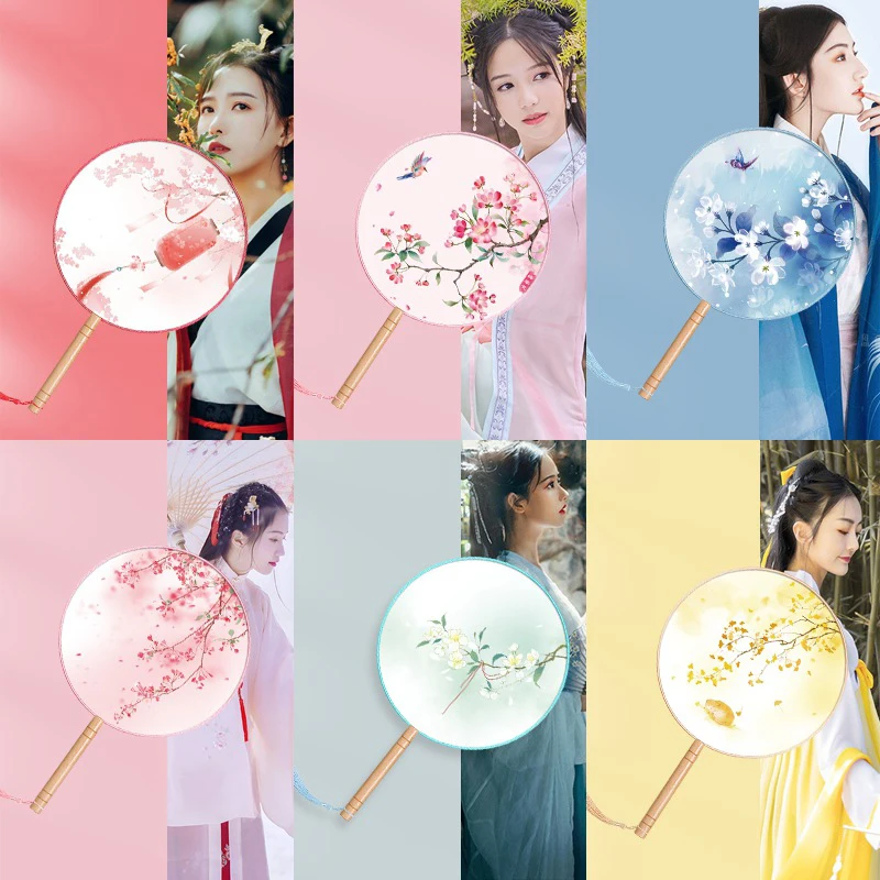 Chinese Round Hand Fan Vintage Printing Silk Fan Ancient Tassel Dance Hand Cheongsam Tang Suit Wedding Party Accessories hand fan silk fans