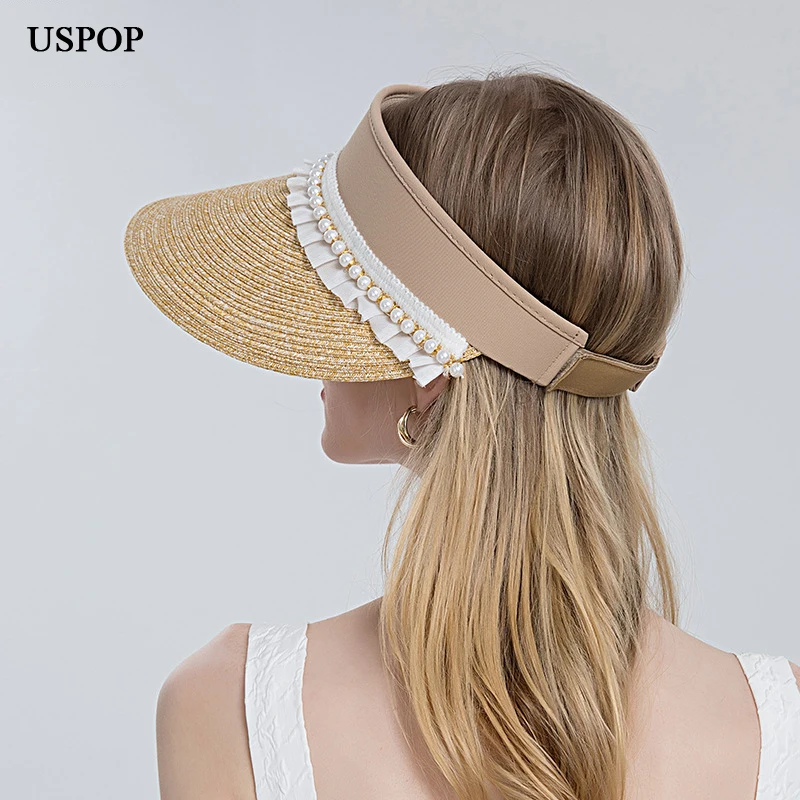

USPOP 2022 New Summer Straw Sun Hats Women Straw Pearl Caps Beach Hats Wide Brim Sun Shade
