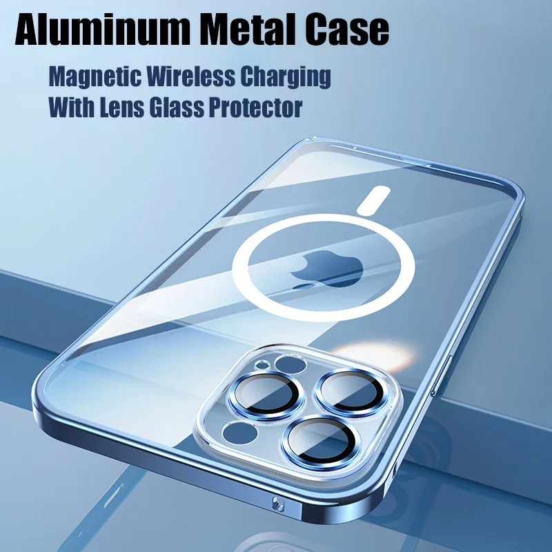 

HD Transparent Magnetic Wireless Charging Aluminum Metal Bumper Case For iPhone 12 13 14 15 Pro Max Lens Glass Protector Cover