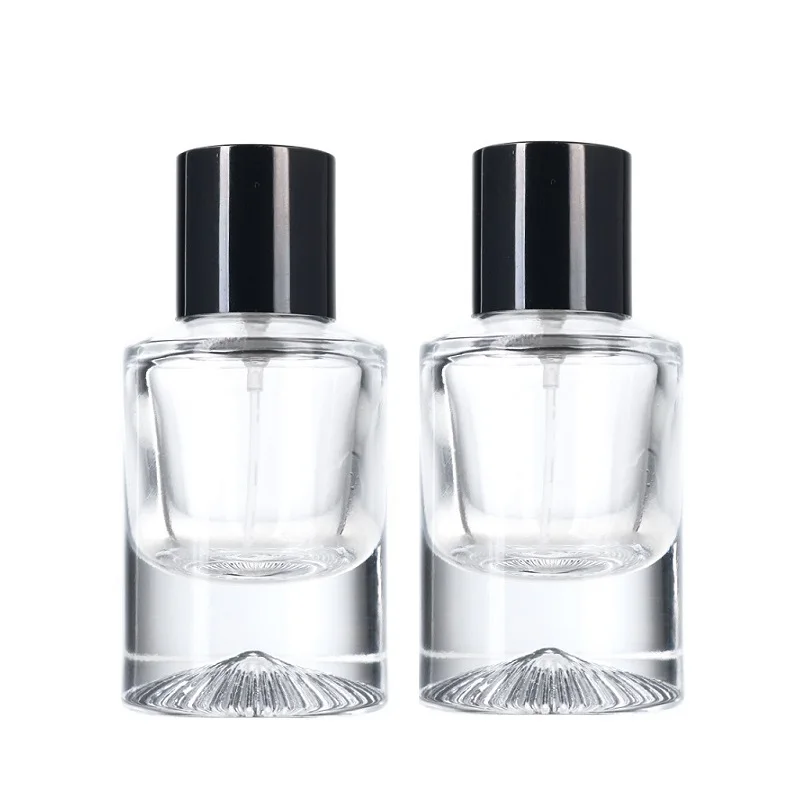 

Clear Glass Perfume Refillable Bottle Glossy Black Lid Cosmetic Packaging Round 30ml Thick Bottom Spray Crimp Pump Vials 6pcs