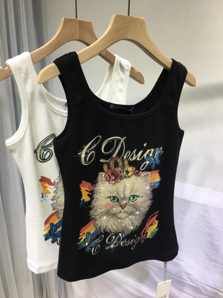 

European goods heavy iron drill vest female light luxury inside with chest strap small top flash thin outside wear T-shirt trend