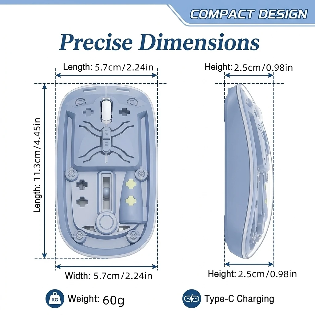 Sleek Transparent Dual Mode Bluetooth Wireless Mouse - Silent, Rechargeable, and Adjustable DPI