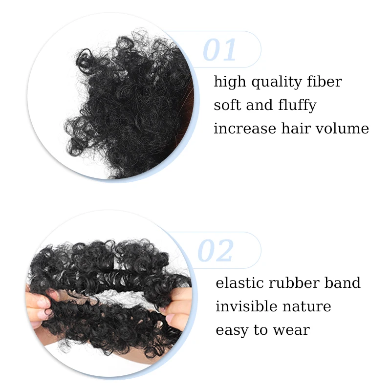 2Pcs Kinky Curly Chignon Hair Bun Wig Afro Puff Hair Extensions Synthetic Curly Bun Hairpiece with Hair Tie for Women Girls Wear