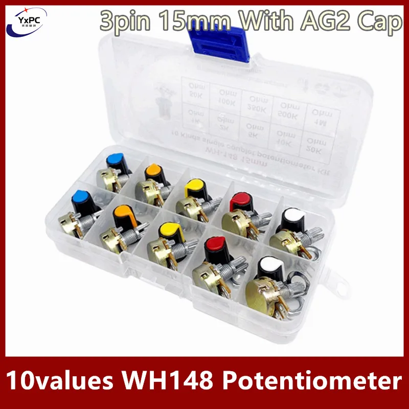 10valuesX1pcs=10pcs WH148 Potentiometer 3pin 1K 2K 5K 10K 20K 50K 100K 250K 500K 1M 15mm Potentiometer Set 3pin With AG2 Cap Box seleadlab 1 5 10pcs 3 15mm ntc 3950 100k thermistors temp sensor for 3d printer parts voron 2 4 trident temperature heated bed