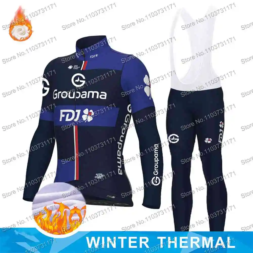 Team FDJ Cycling Jersey Set Long Sleeve France Cycling Clothing Mens Winter Thermal Bike Jacket Suit Bicycle Bib Tights
