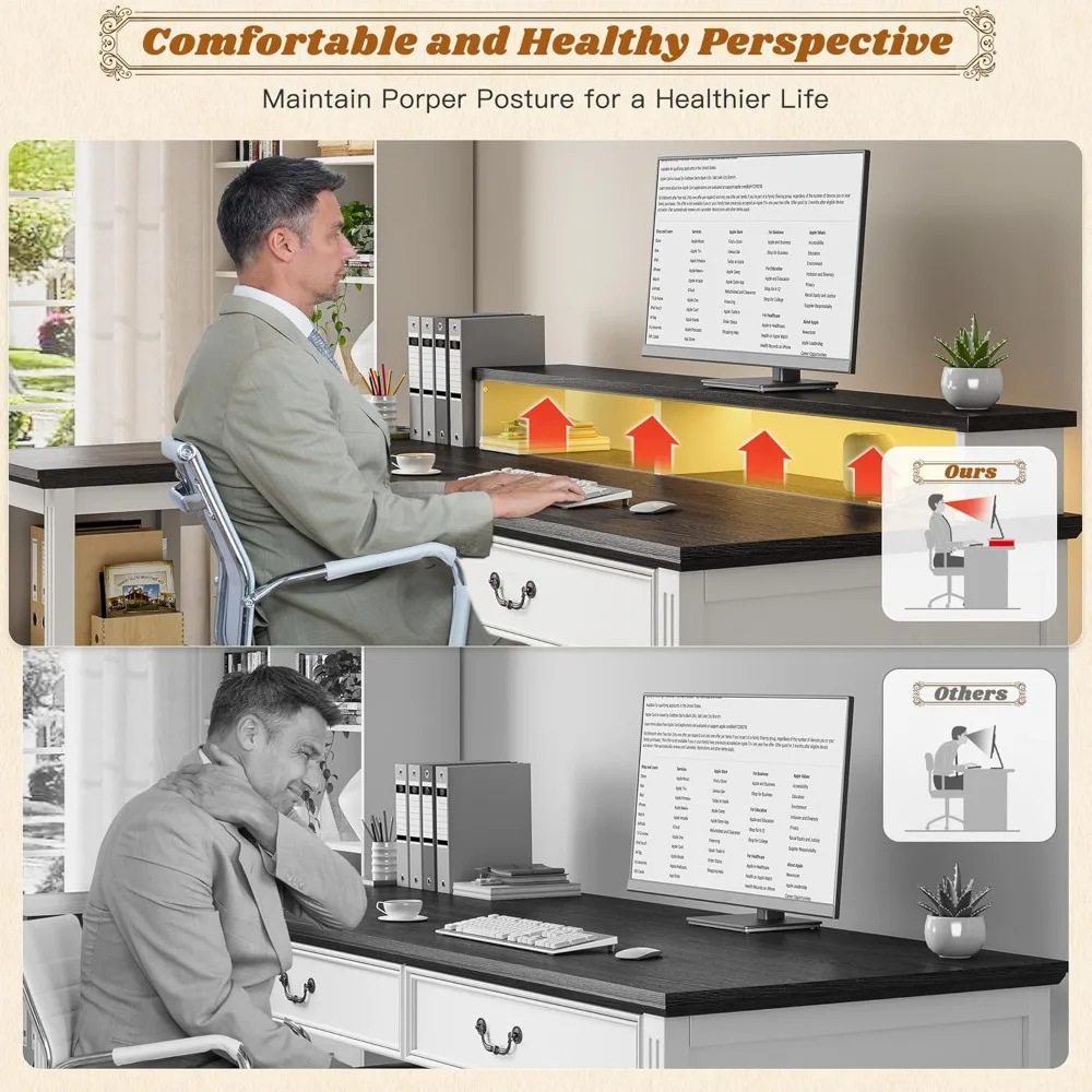 55" Computer Desk, Office Desk with Drawers, L Shaped Desk with Long Monitor Stand, Farmhouse Desk with Power Outlets LED Lights 6