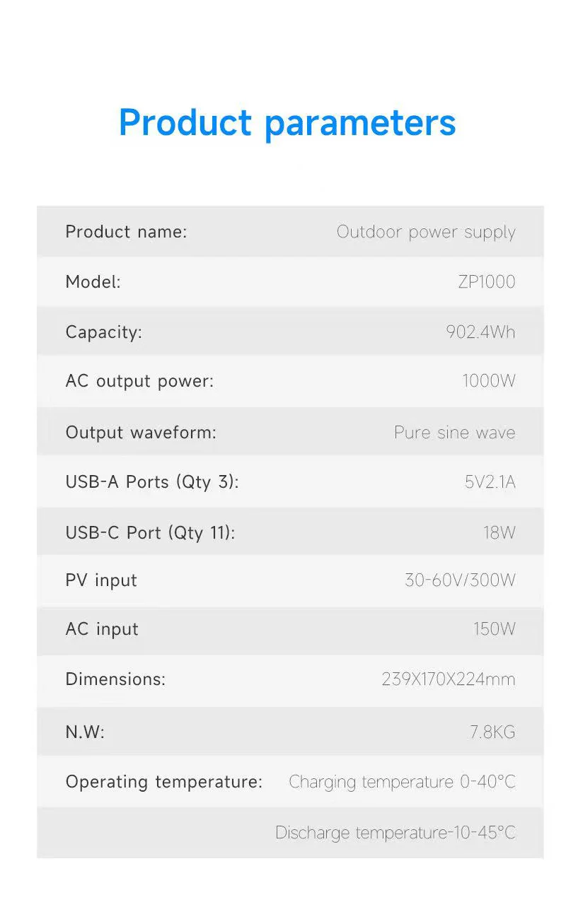 LiFePO4 Portable Power Station 1000W 902WH Mobile Power Supply Solar Generator 5