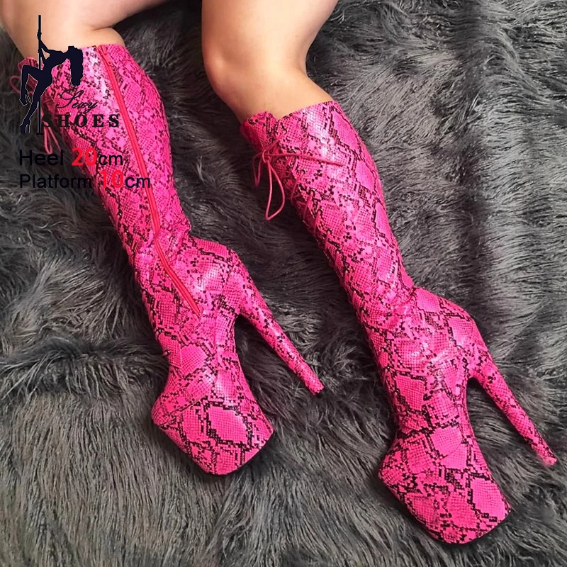 20CM/8Inch Pole Dance High Boots Woman Rose Red Snake Pattern Long Shoes Fashion Runway Show Side Zipper Lace-up Platform Boots