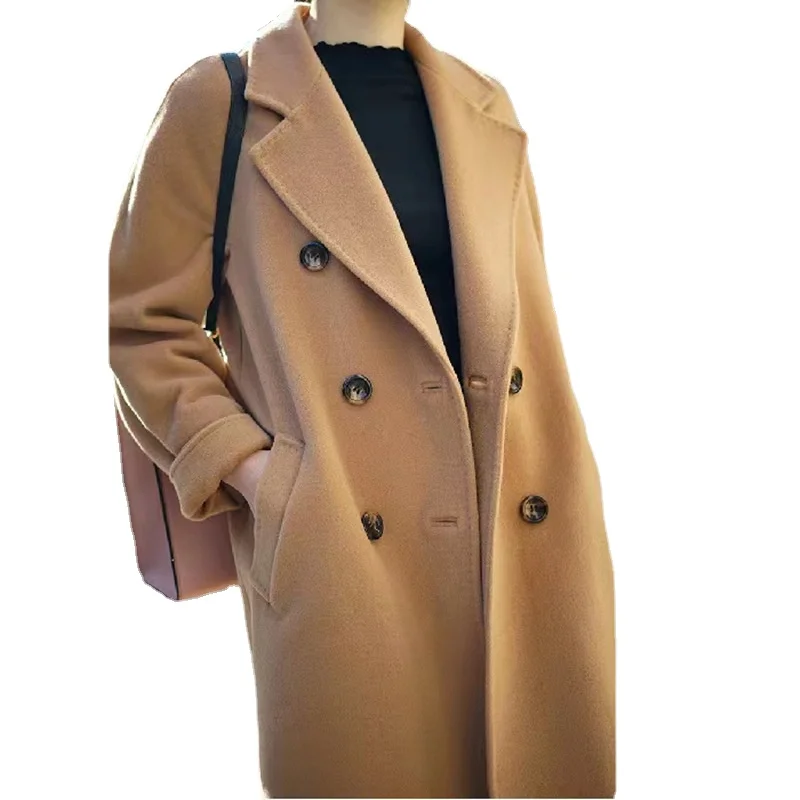 2023 Winter New Women High-End Temperament Double-breasted Woolen Coat Female Fashion Lapel Solid Color Long Casual Outwear