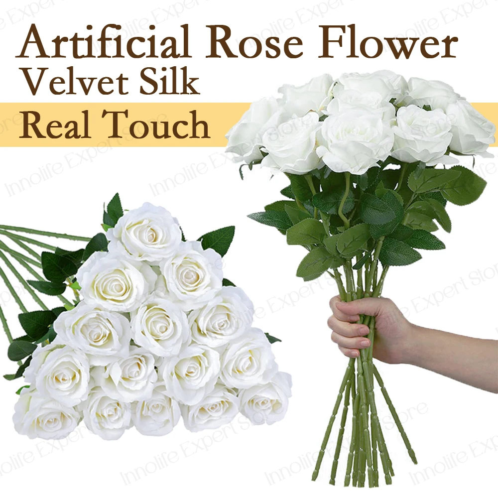 12 Rose Artificiali Bianche In Seta Con Stelo 50 Cm - Fiori Finti Per Decorazione Casa, Matrimonio E Giardino