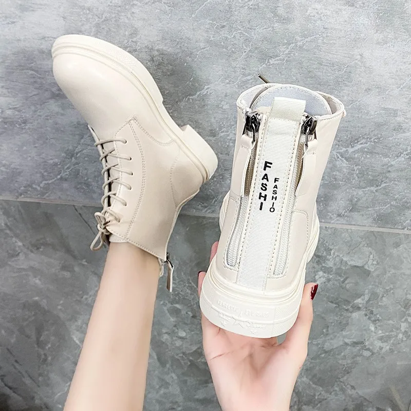 2022 Motorcycle Women's Boots Winter Soft Leather Shoes Black Botas Wedges Female Lace Up Platforms Women White Botas Mujer