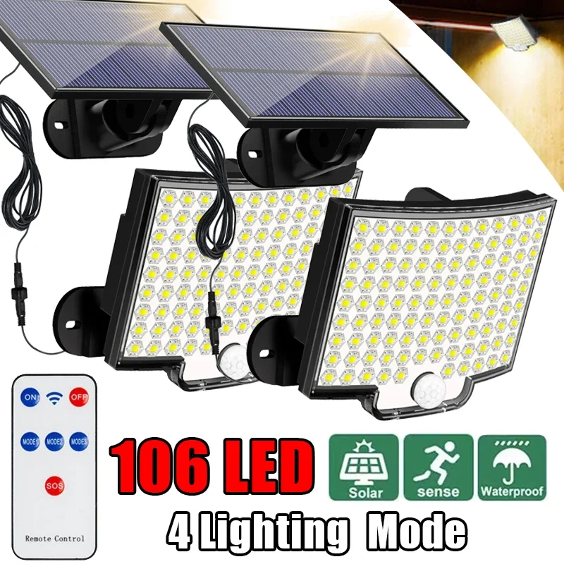 106 LED Solar Motion Light Outdoor Separate Panel Solar Flood Lights 4 Working Modes for Garden Garage Waterproof Wall Lights