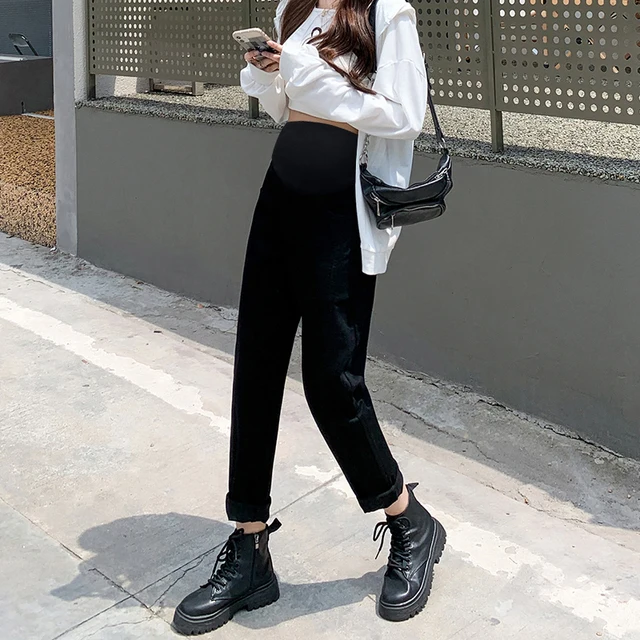 Korean Style Pregnant Women High Waist Casual Loose Belly Pants Fashion Denim Trousers Vintage Maternity Jeans Black Dark Grey
