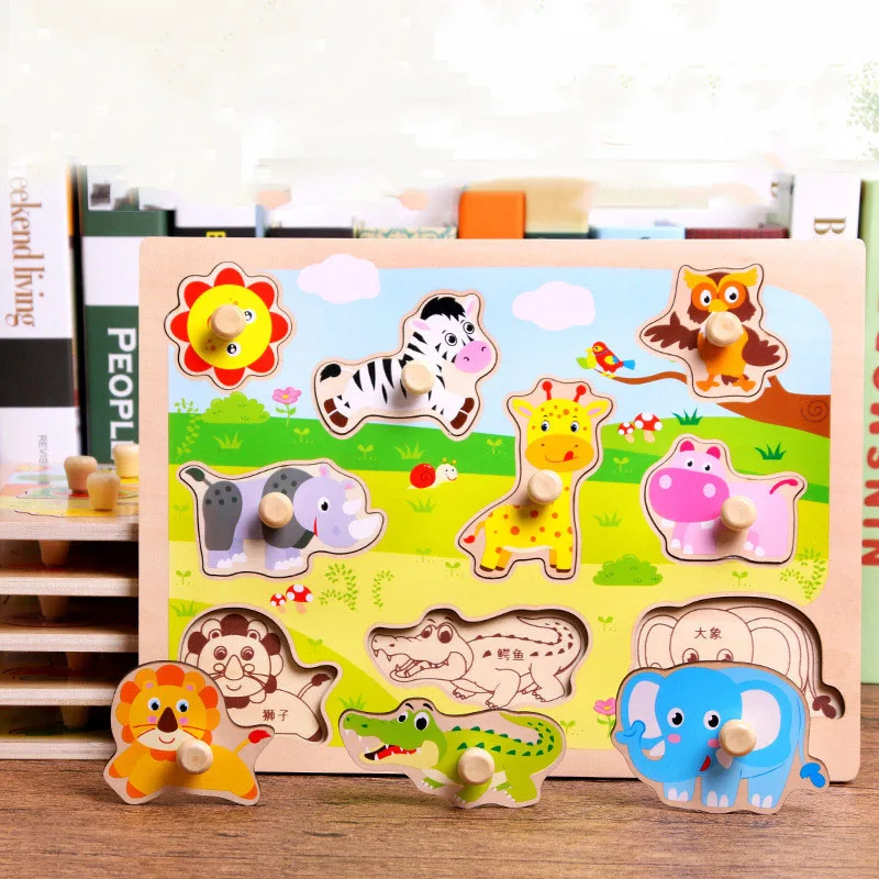 

Montessori Wooden Puzzles Hand Grab Boards Toys Tangram Jigsaw Cartoon Animals Cognitive Pairing 3D Puzzles Baby Educational Toy