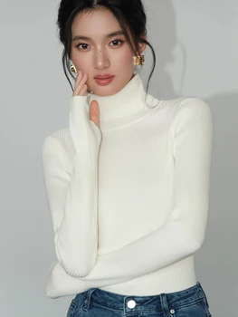 2025 محبوك سترة المرأة النسخة الكورية الياقة المدورة سترة الشتاء الصلبة البلوز سليم ثقب الأصابع اللف القمم الأساسية الدافئة