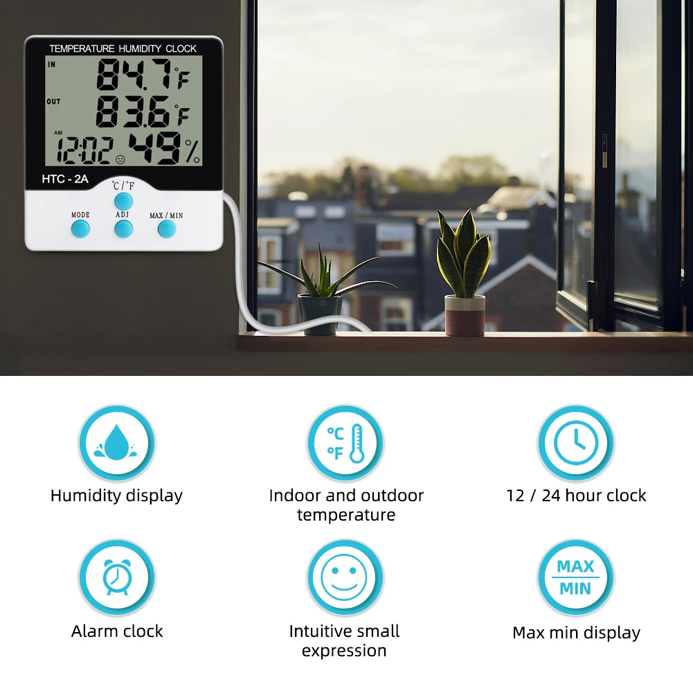 HTC-2A Digital Temperature and Humidity Meter with Clock and Alarm