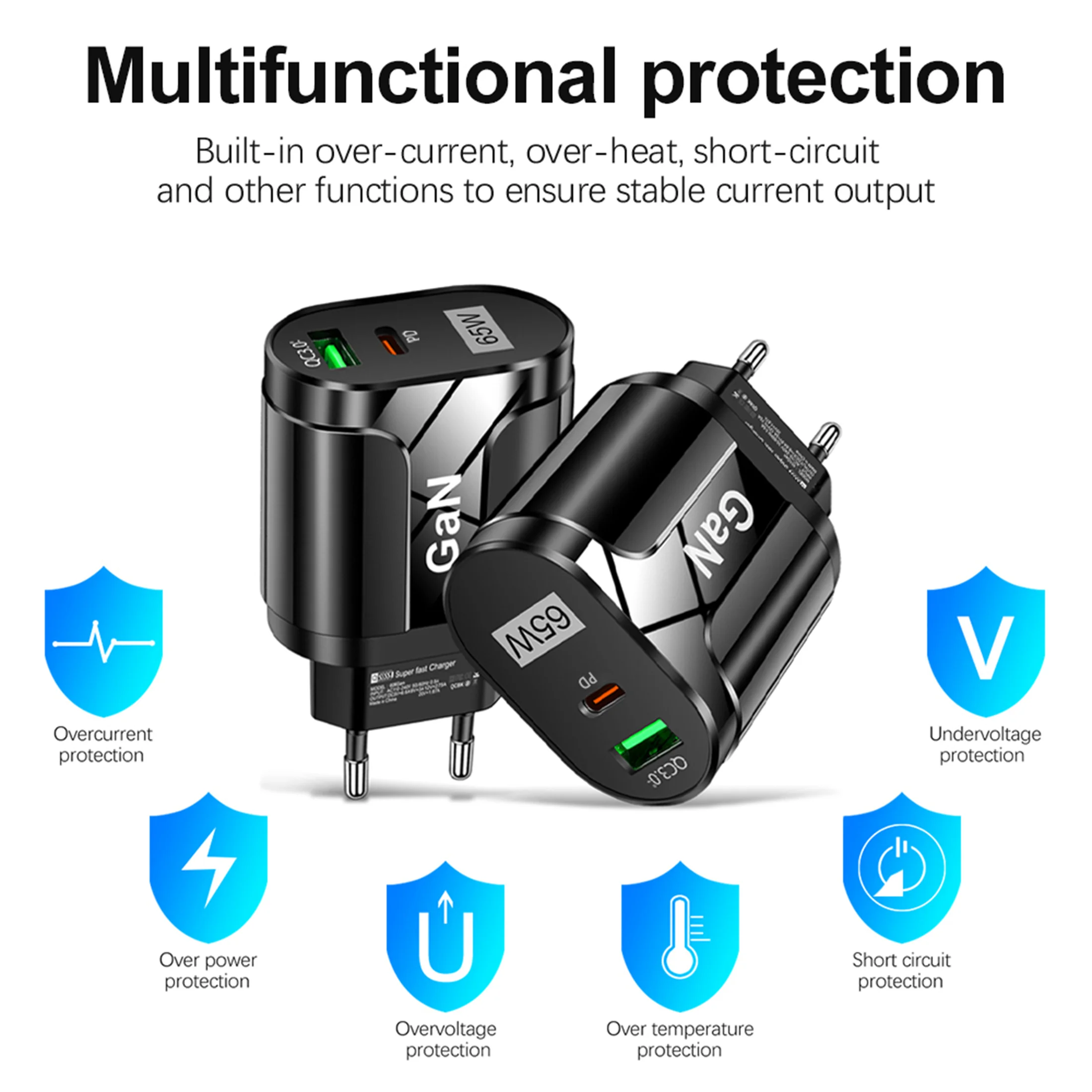 GaN 65W PD USB Type C Charger Mobile Phone Quick Charge Type C Wall Charger For iPhone Xiaomi Samsung Huawei EU/US Plug Charger