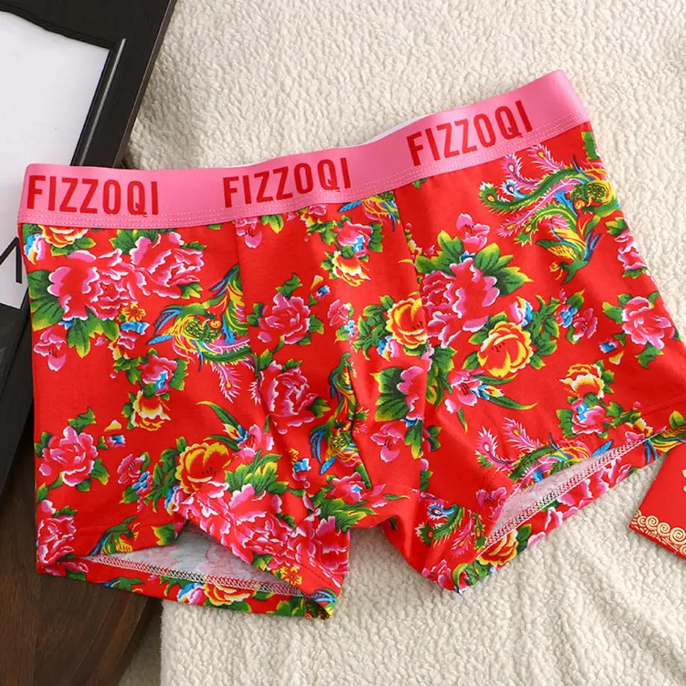 Men Underpant Bright Color Flower Print Mid Waist Soft Elastic U Convex Quick Dry Tummy Control Men Boxers Underwear Men Panties