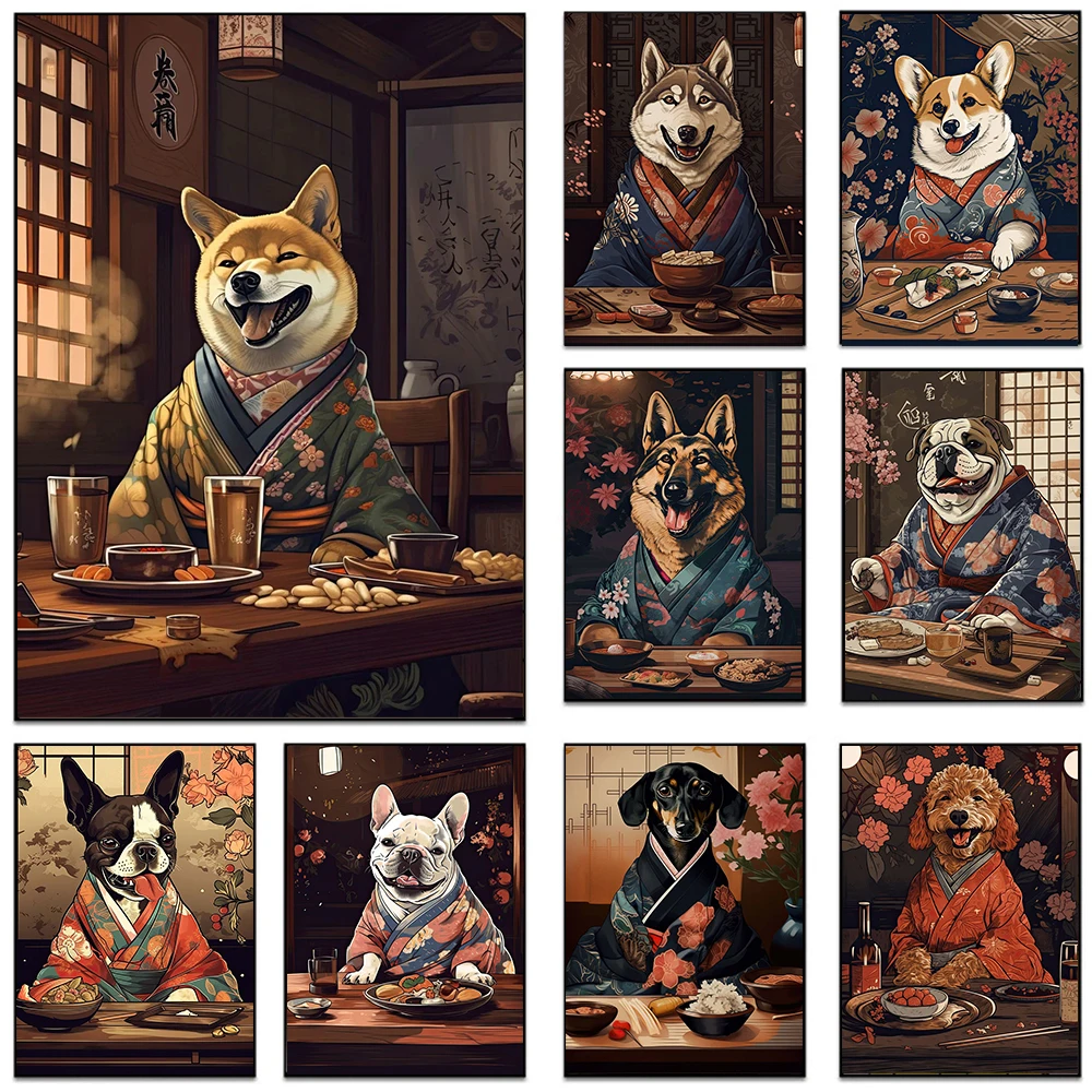 인테리어액자 2 Din 9 인치 자동차 라디오 DVD GPS Mp5 플라스틱 근막 패널 프레임, 폭스 바겐 폴로 2004-2011 대시 마운트 키트 11 일본 아키타 이누 허스키 코기 프렌치 파이팅 불독 기모노, 자카야 벽 아트, 캔버스 그림 포스터 인쇄, 레스토랑 룸 장식