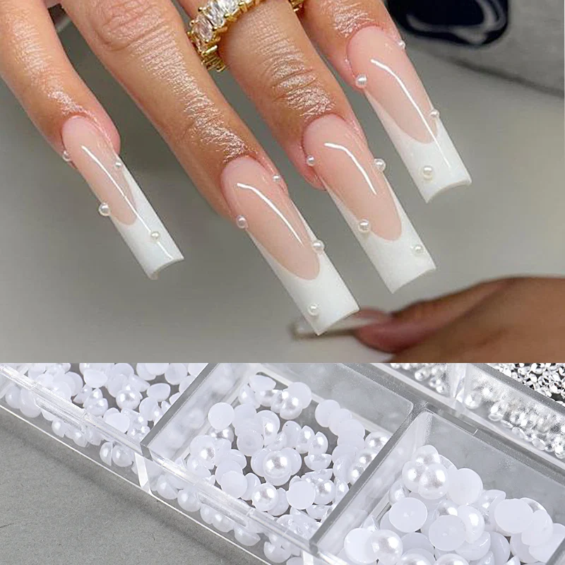 12 Grids White Half Round Pearl Nail Art Decoration Mixed Size Silver Gold Mini Steel Ball Rivet Rhinestone Nail Accessories 3