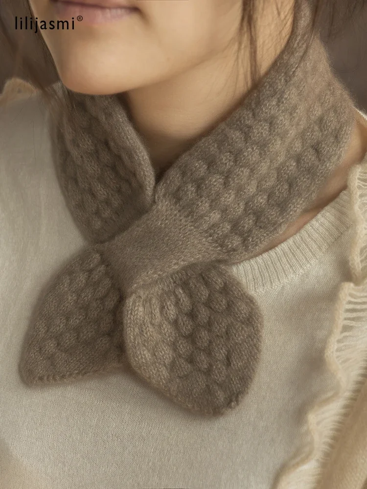 Women 100% Pure Cashmere Knitted Small Bowknot Scarf Neckerchief Moss Stitch Soft Neck Warmer Ring Collar Female Boutique Acc 2