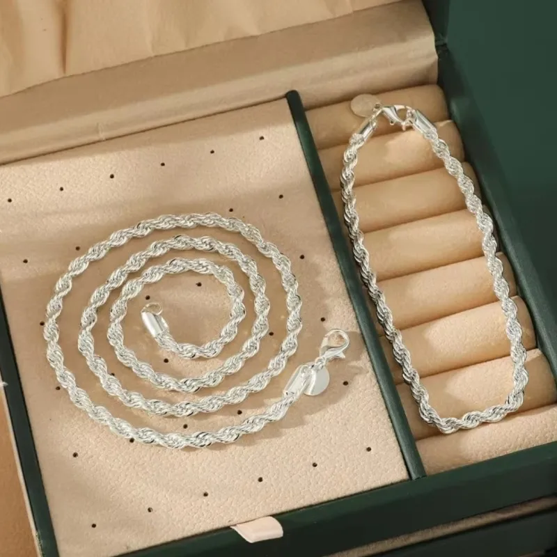 Silver Color 4mm Chain Twisted Jewelry Set for Women Men Fashion Temperament Necklace Bracelets Anniversary Jewelry Gift