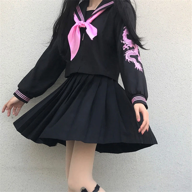 Japanse School Bad Meisje Stijl Uniform Plus Maat Jk Roze Draak Zwarte Matroos Basis Cartoon Matroos Uniform Sets Vrouwen Meisje Cos