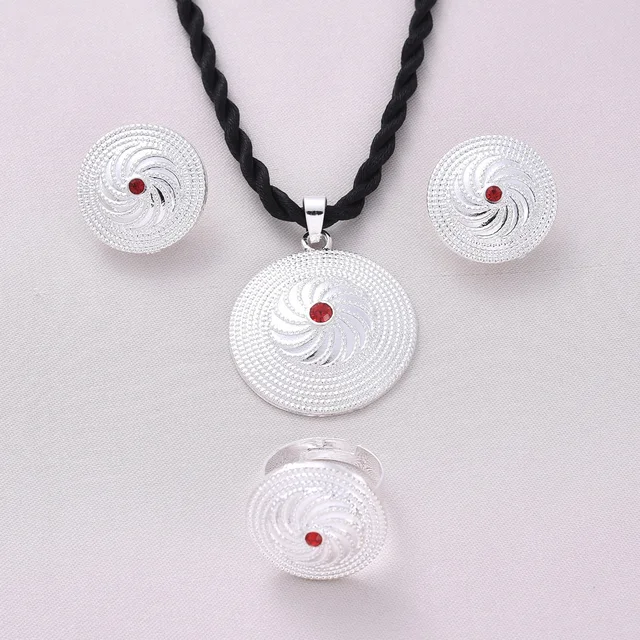 Silver Plated Fashion Ethiopian Red CZ Earrings/Pendant/Ring Jewelry Sets Silver Plate Africa Bride Wedding Eritrea Set Gift 4