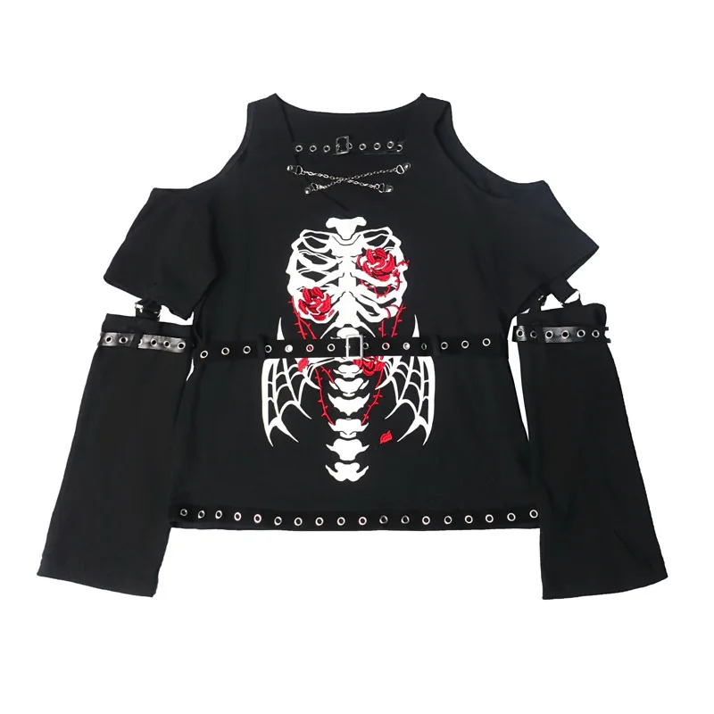 Ruibbit Harajuku Gothic T-shirts Black Long Sleeve O-neck