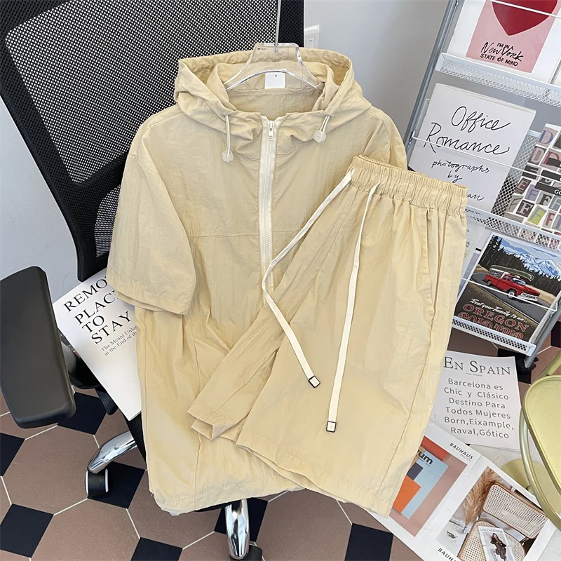 남성 세트 여름 뉴 하프 지퍼 한국 캐주얼 루즈 솔리드 반소매 탑 패션 다목적 Drawstring 스트레이트 레그 반바지